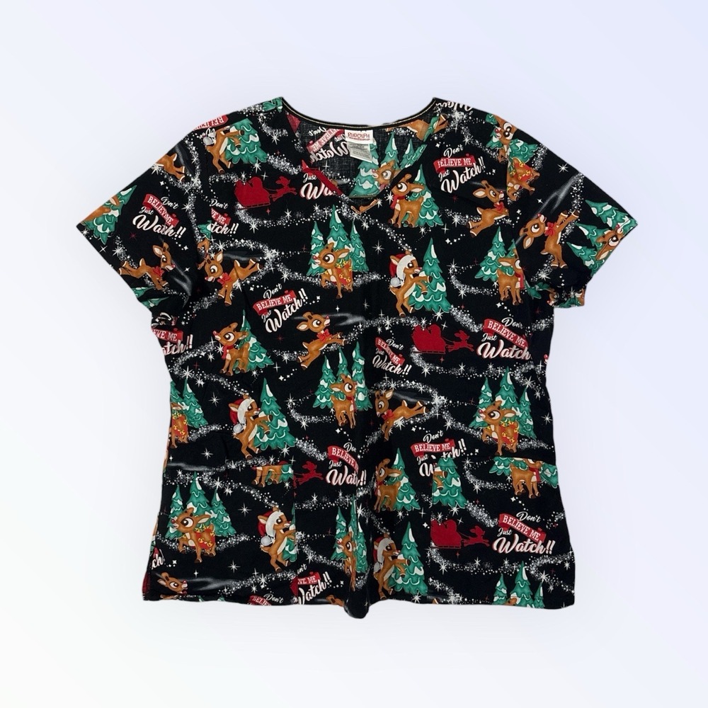 Rudolph Red Nose Reindeer Christmas Scrub Top 2XL Nurse